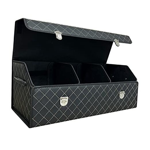 Car Trunk Organizer with Lid,Foldable Faux Leather Cargo Large Black Grid
