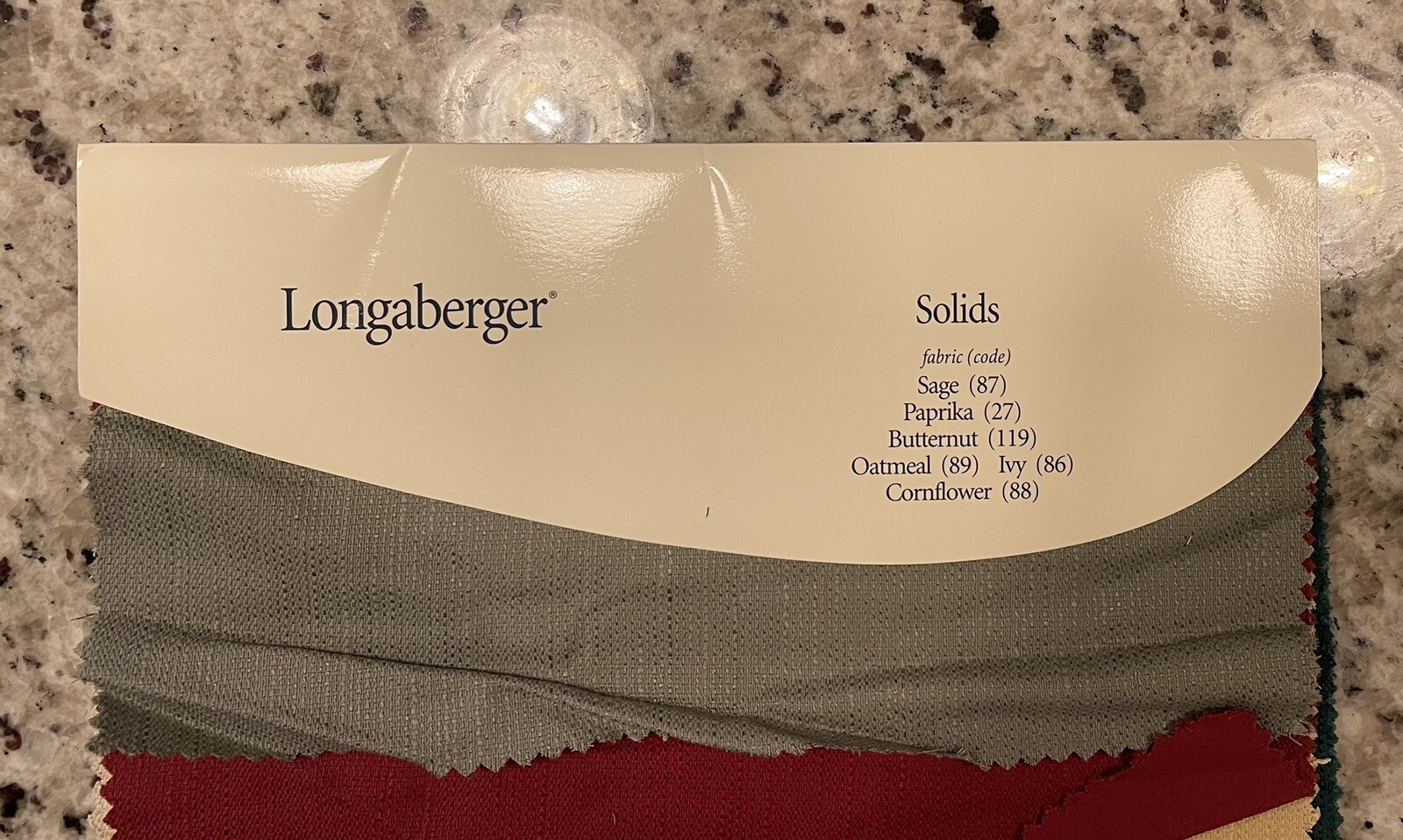 Longaberger Waterfalls original  Fabric  Sample swatch : Solids 6 colors