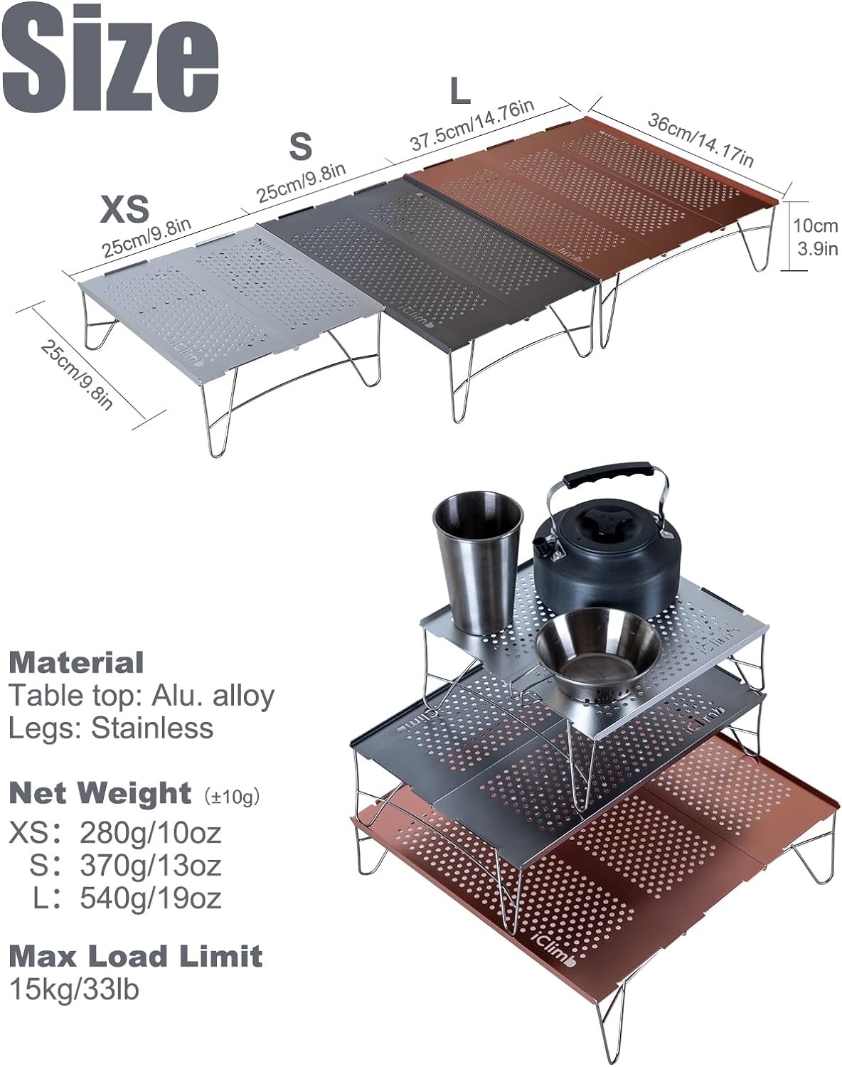 iClimb Mini Solo Folding Table Ultralight Compact for Mini, Silver
