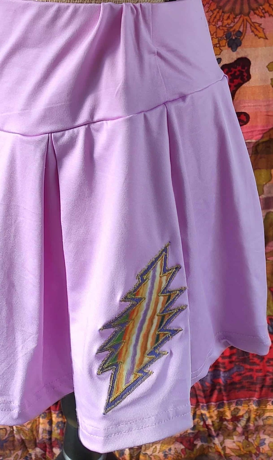 Grateful Dead Stretchy Purple Pleated Skirt w/ Double Layer Bolt Applique Patch