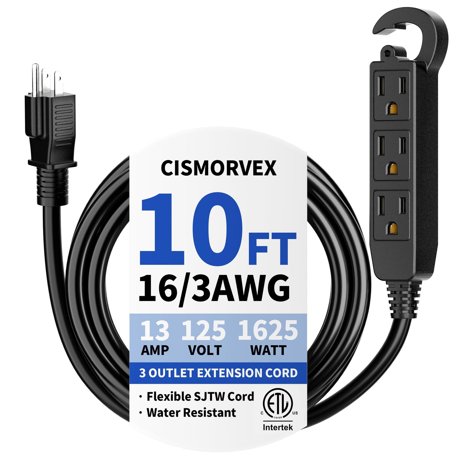 10 Ft 3 Outlet Outdoor Extension Cord Waterproof, Grounded Extension Cord with M