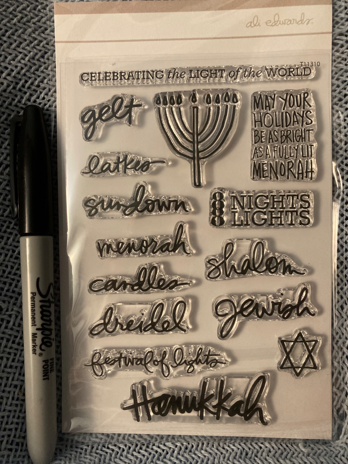Ali Edwards Hanukkah stamp set- New- latkes, gelt, dreidel, menorah, shalom