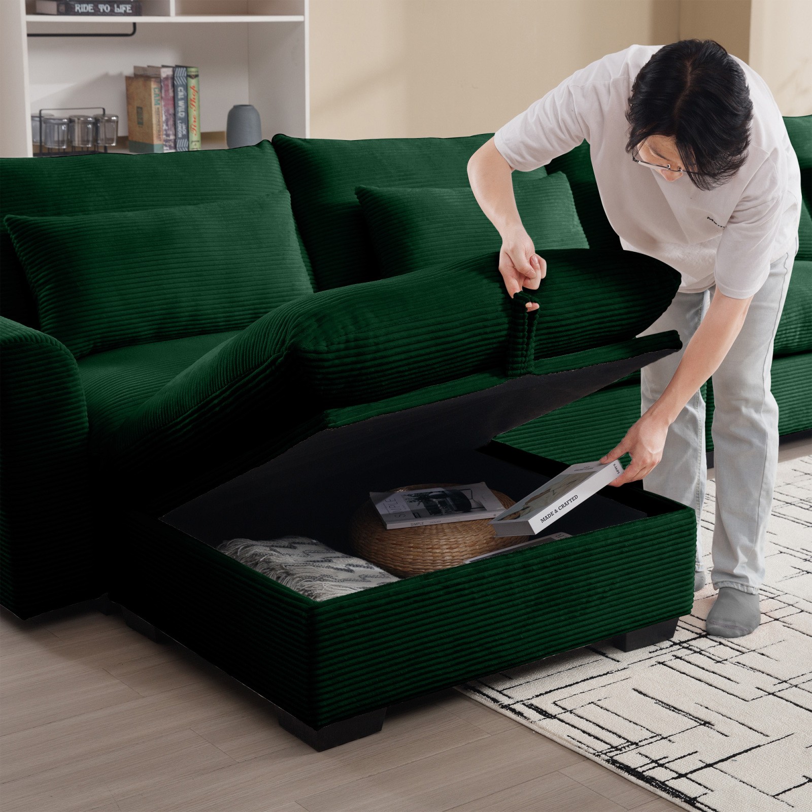 Green Corduroy Modular Sofa with Storage Ottoman, Deep Seat