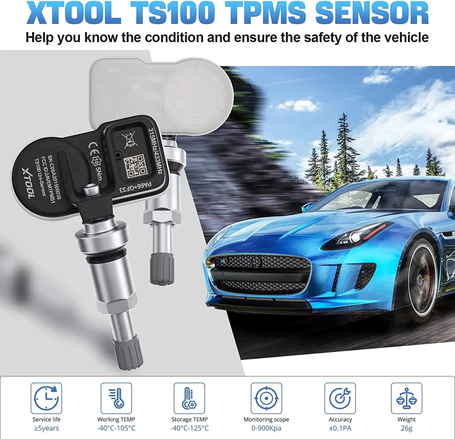 XTOOL TS100 TPMS 315MHz & 433MHz Programmable Tire Pressure Sensor 4pack Metal