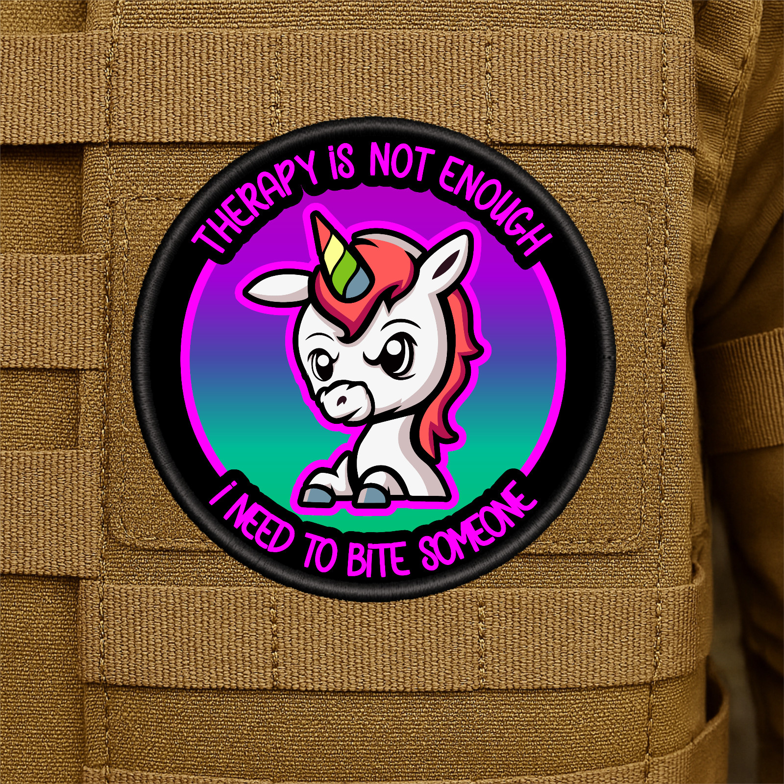 Funny Therapy Unicorn Printed Morale Patch - 3.5 Inch, Hook & Loop Back
