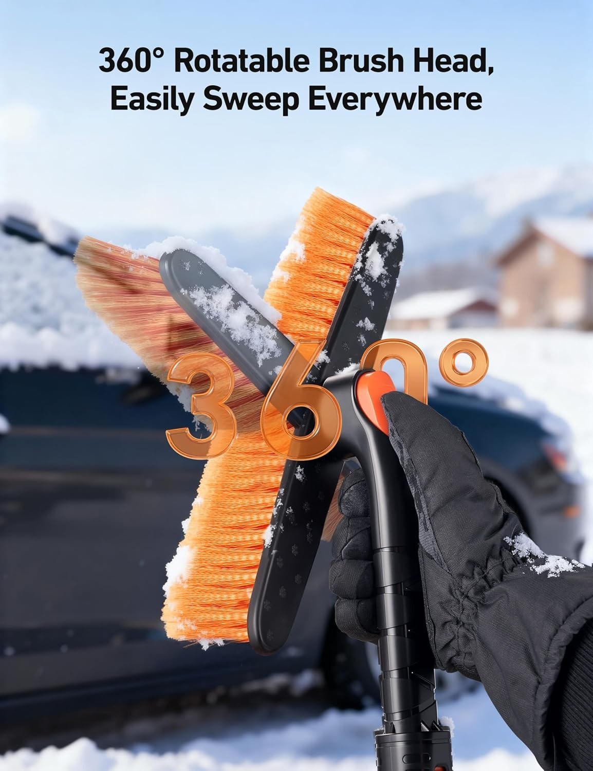 Thick-Bristled Snow Brush & Ice Scraper Combo - Ultimate Winter Tool (Orange)