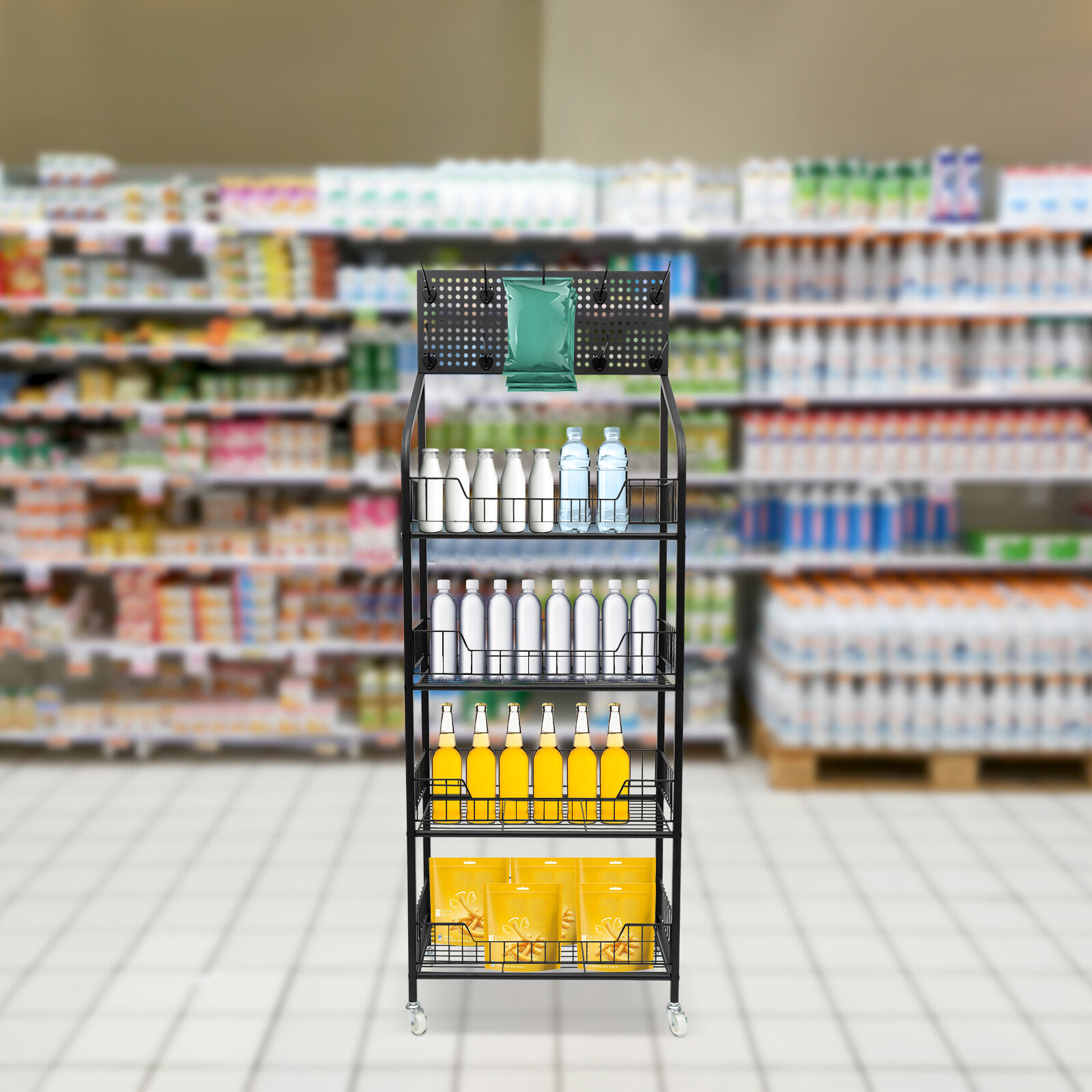 4 Tiers Baskets Adjustable Rolling Display Snack Rack  Freestanding Stand Holder