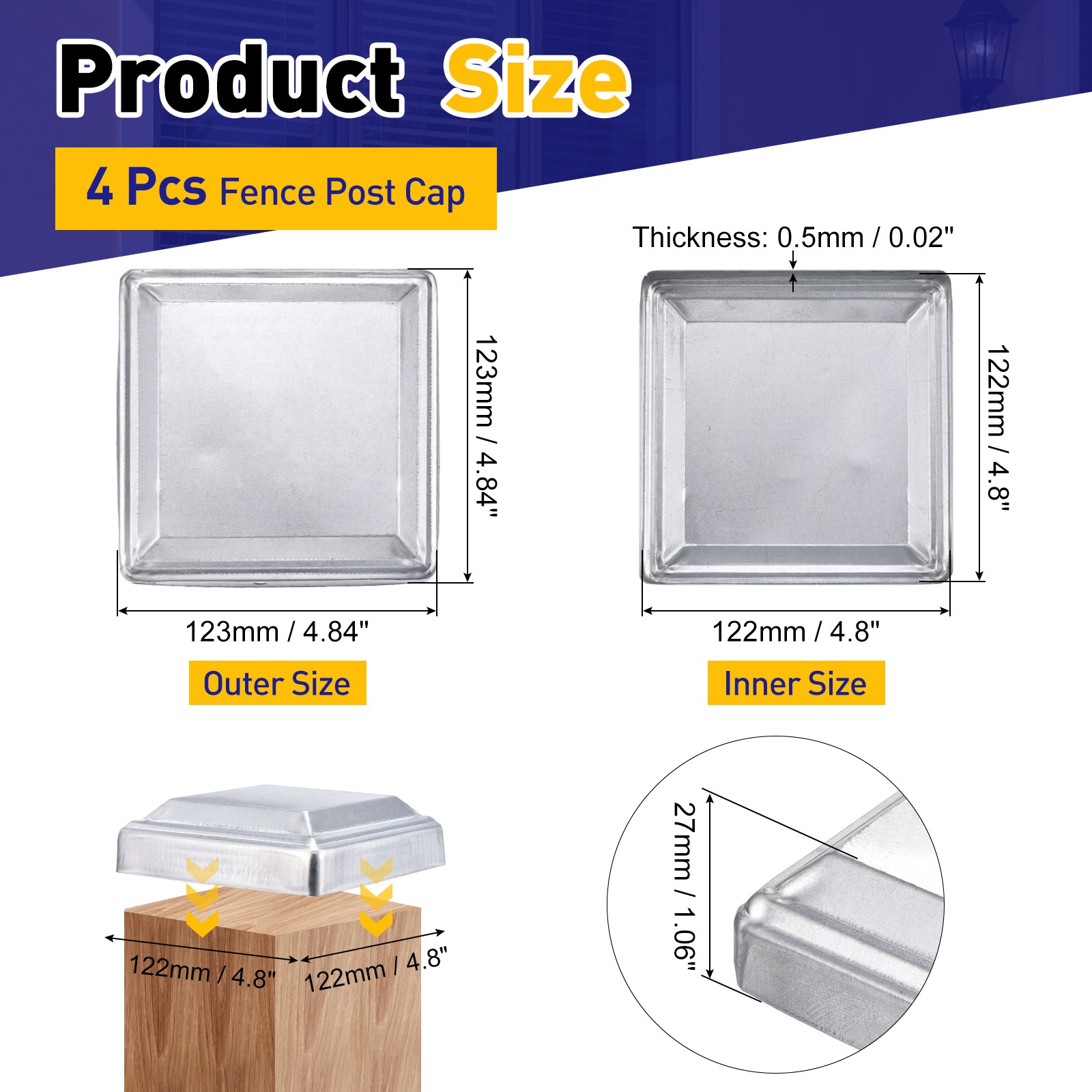 4Pcs Fence Post Cap, Galvanized Deck Post Caps Fit 4.8" x 4.8" Pipe, Silver