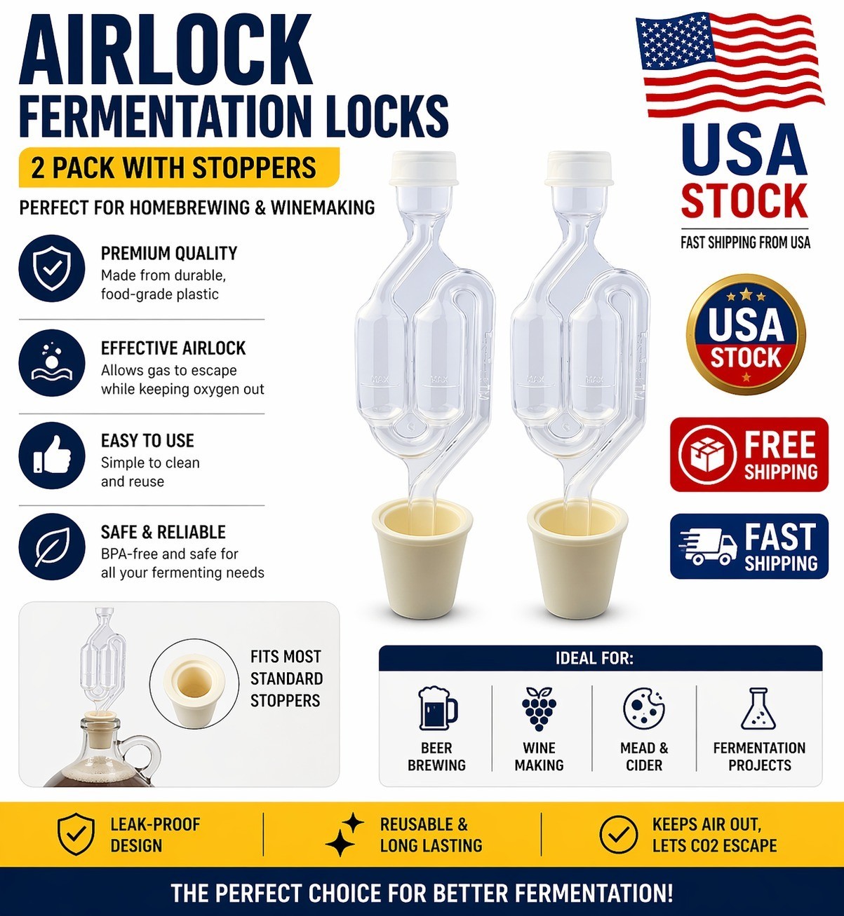 2 Pack Automatic Clear Airlock Bubbler Bottle Opener for Fermentation
