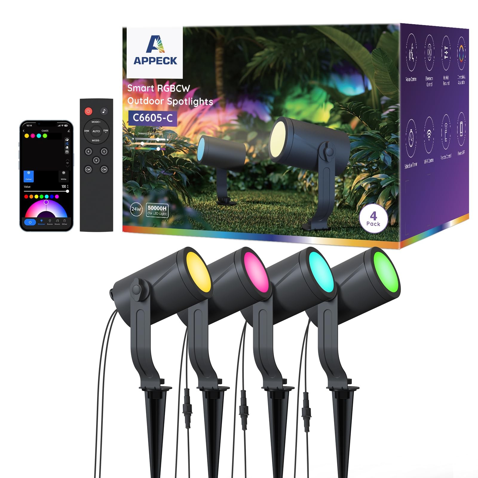 APPECK Smart Landscape Lighting Kit 24W, Color Changing 4 Pack, Black