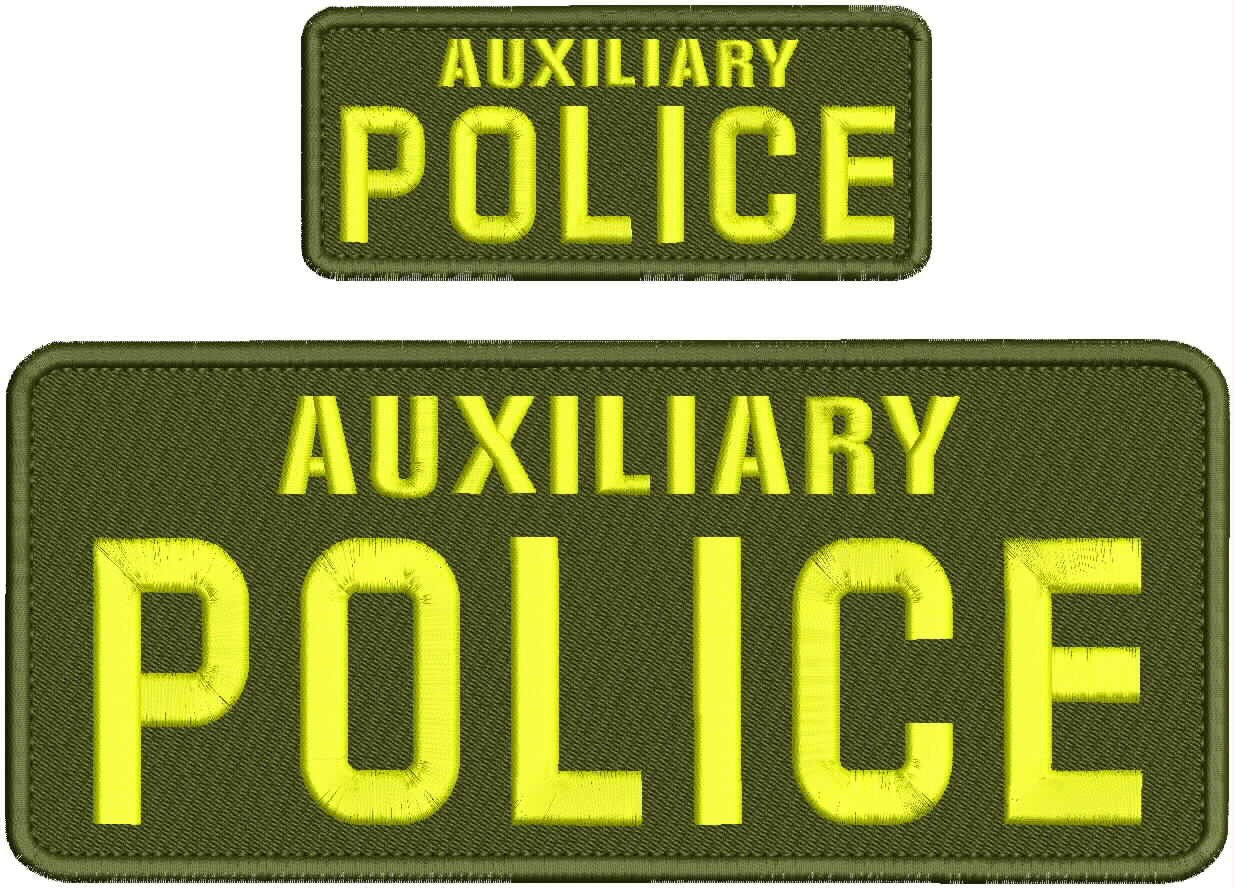 Collectible Embroidery Patch Auxiliary Police 4X10 AND 2X5 Yellow On Od Green
