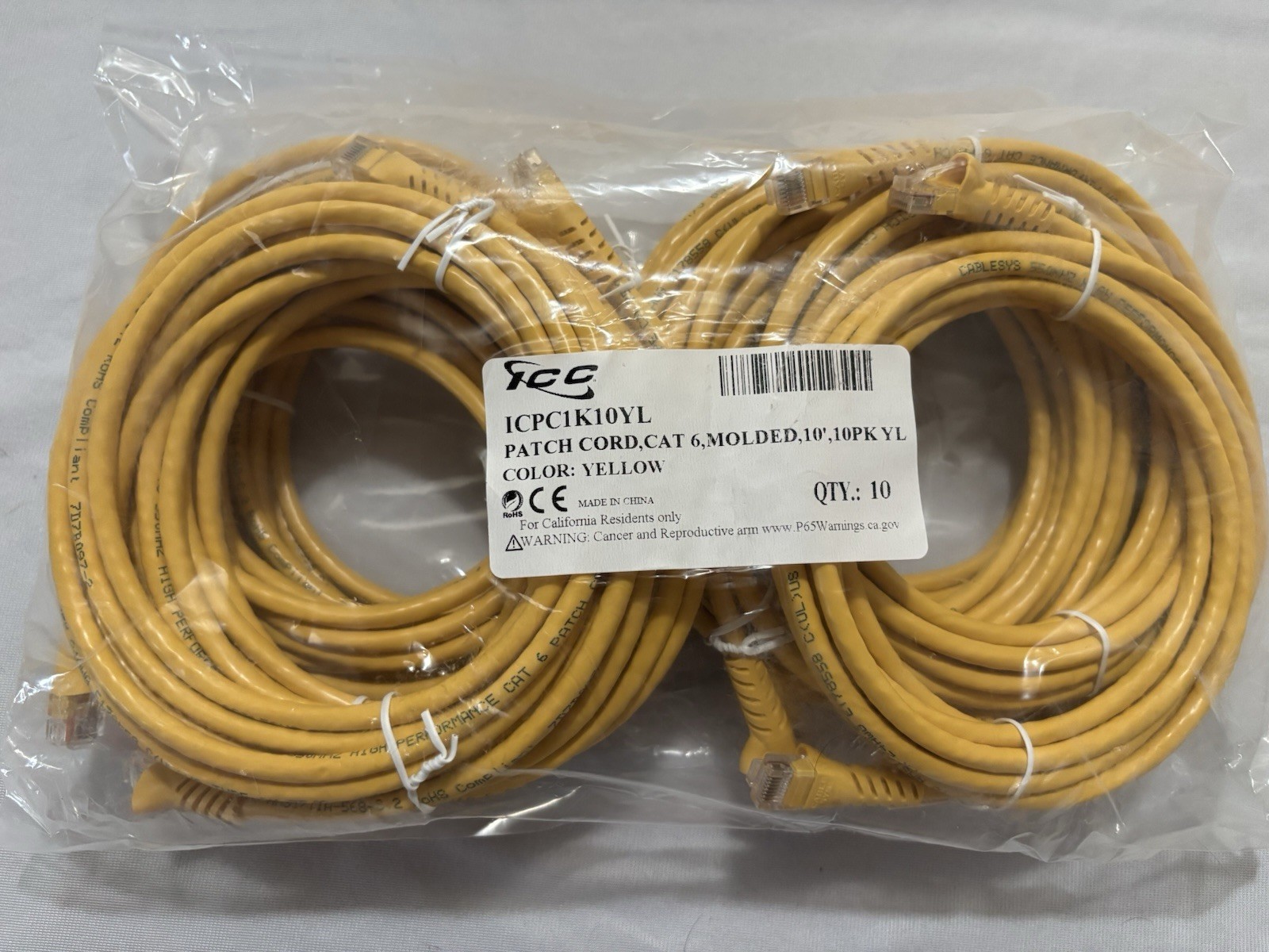 ICPC1K10YL patch Cord. CAT6, Molded 10PK YL 10ft.