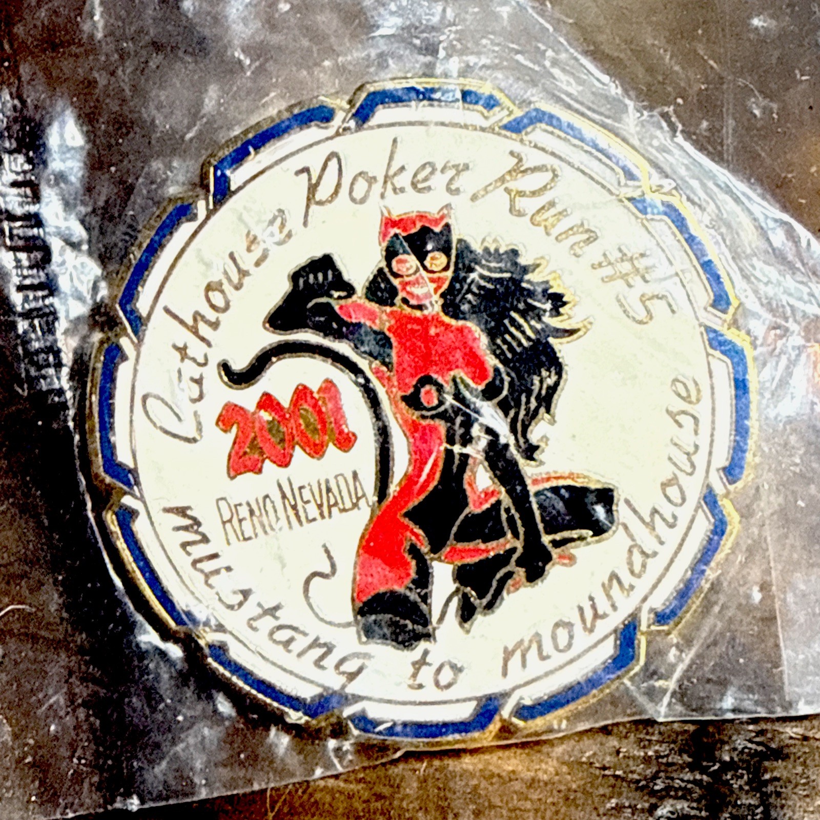 VTG Cathouse Poker Run Harley Motorcycle Riders Button Pin Mustang to Moundhouse