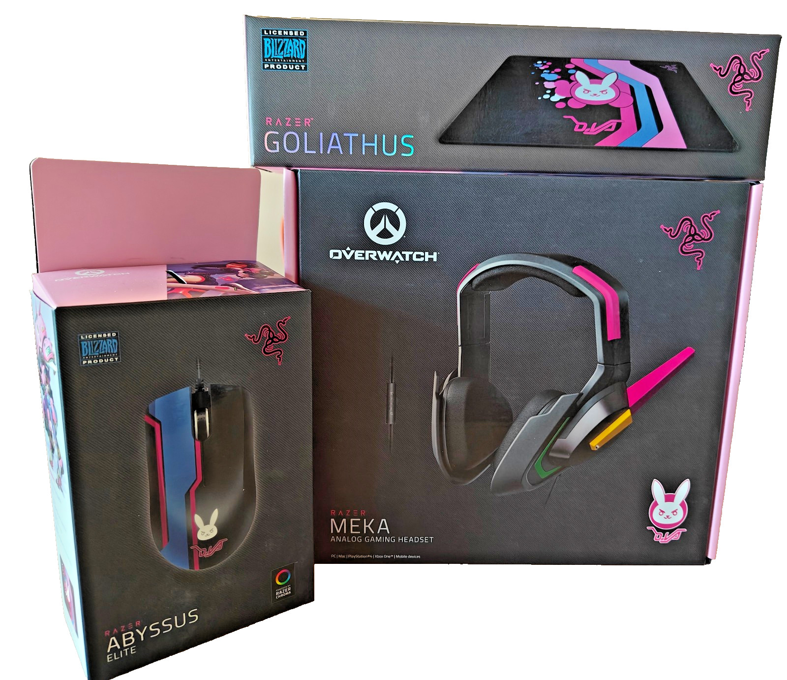 Used Razer D.Va Overwatch MEKA Headset  + Mouse + Mouse pad
