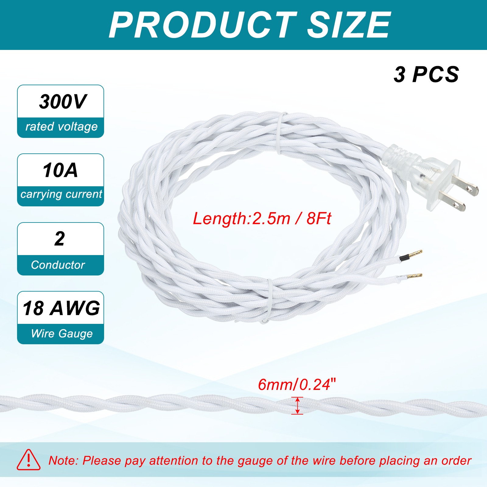 3 Pcs 8Ft 18/2 Twisted Cloth Lamp Cord with Plug, White