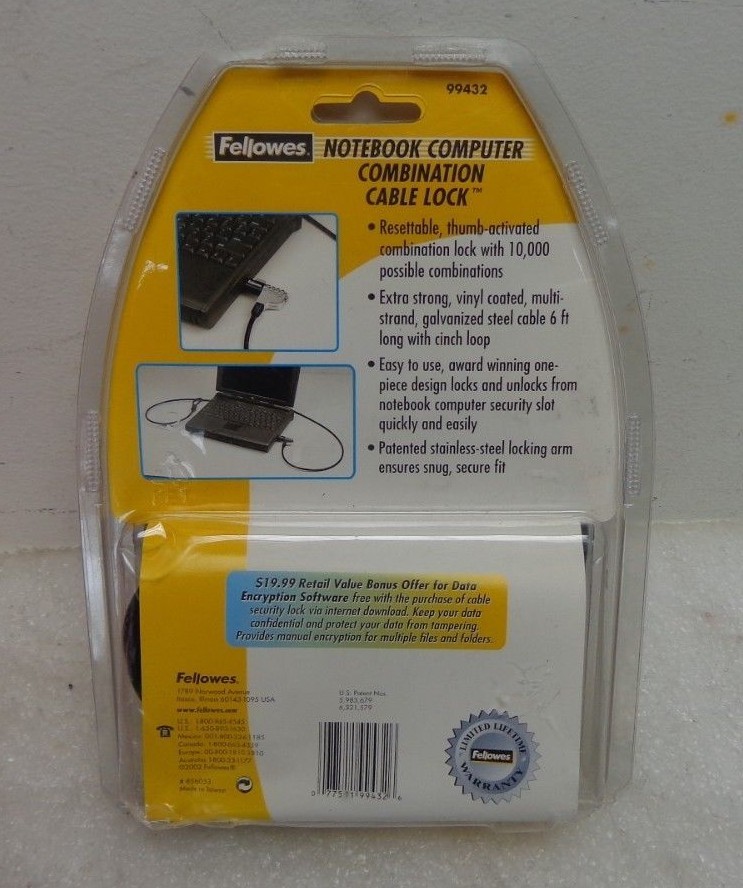 Fellowes Notebook Computer Combination Cable Lock #99432 New in Package
