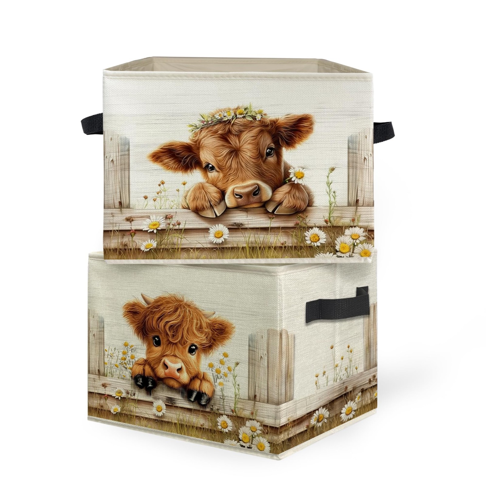 Rustic Daisy Floral Highland Cow Storage Box Bins, Highland Cow Gifts Collaps...