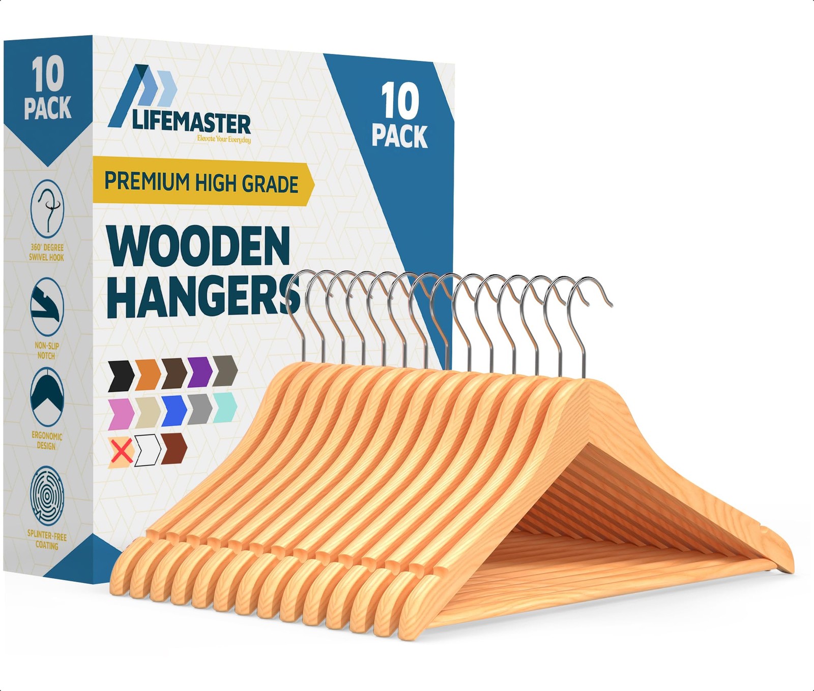 Wooden Clothes Hangers – with 360 Degree Swivel Hook and Non-Slip Shoulder No...