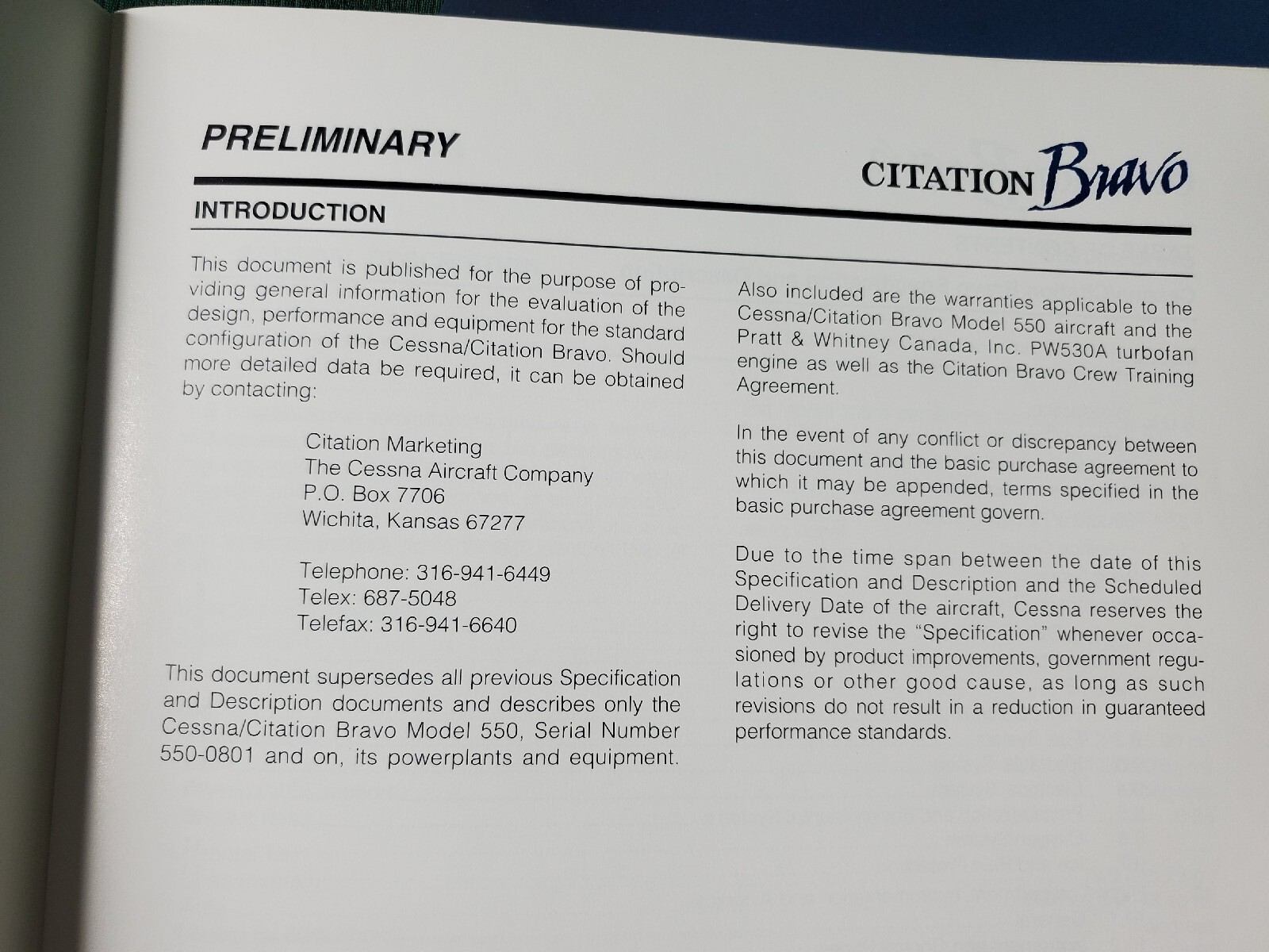 CESSNA CITATION BRAVO Brochure & Preliminary Specification & Description
