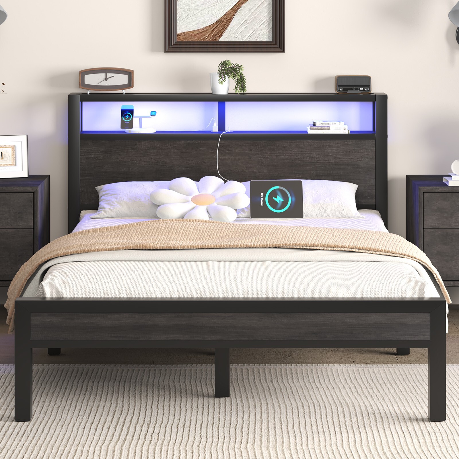 Queen LED Light Bed Frame with 2-Tier Storage Headboard and Charging Station