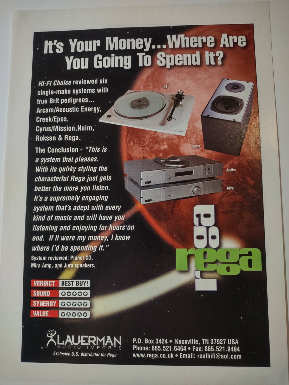 Lauerman Audio Imports Rega Its Your Money 2002 Print Ad