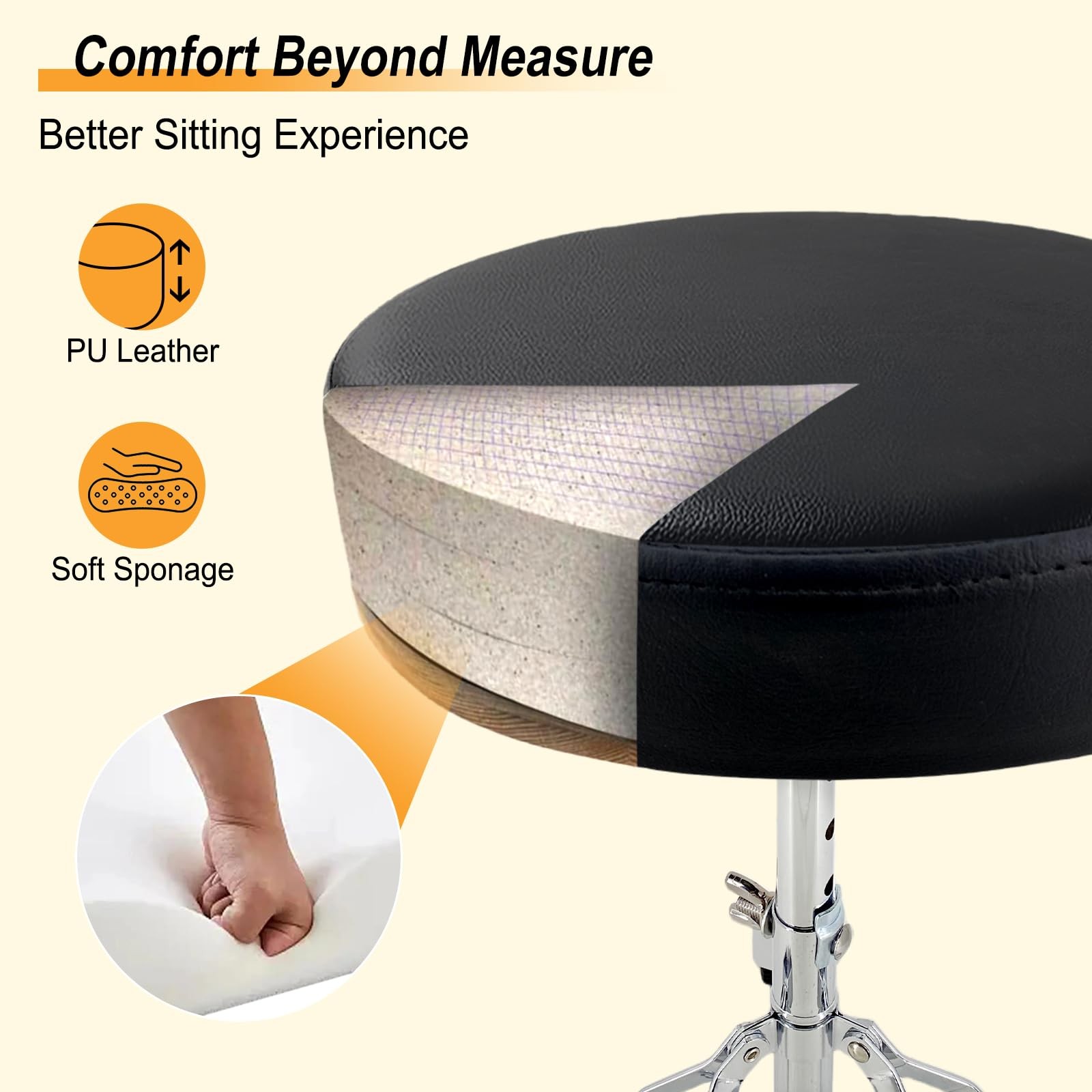 Adjustable Drum Throne Stool Leather Seat AntiSlip Feet Adults Drummers