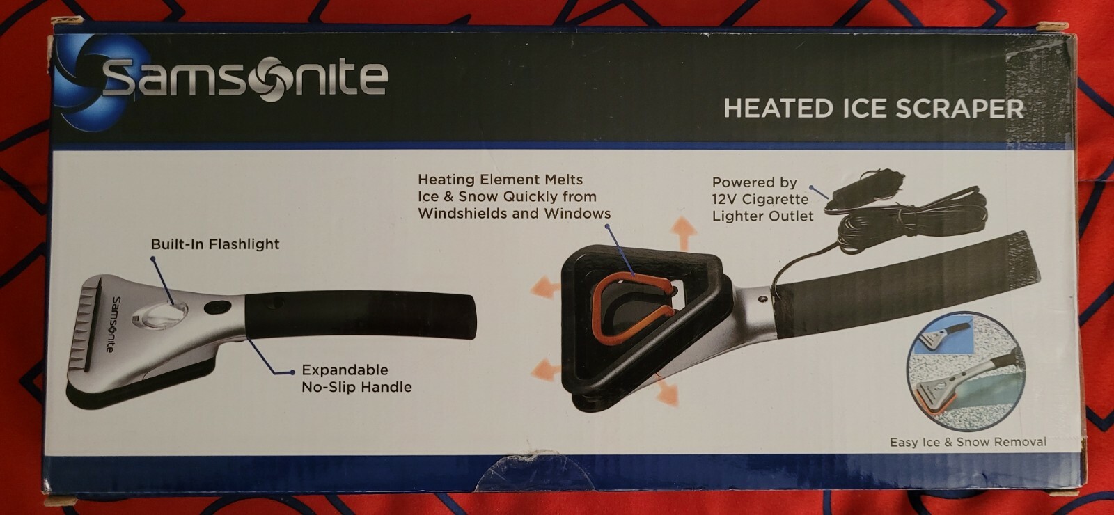 SAMSONITE HEATED ICE SCRAPER MELTS ICE & SNOW FLASHLIGHT EXPAND HANDLE 15' CORD