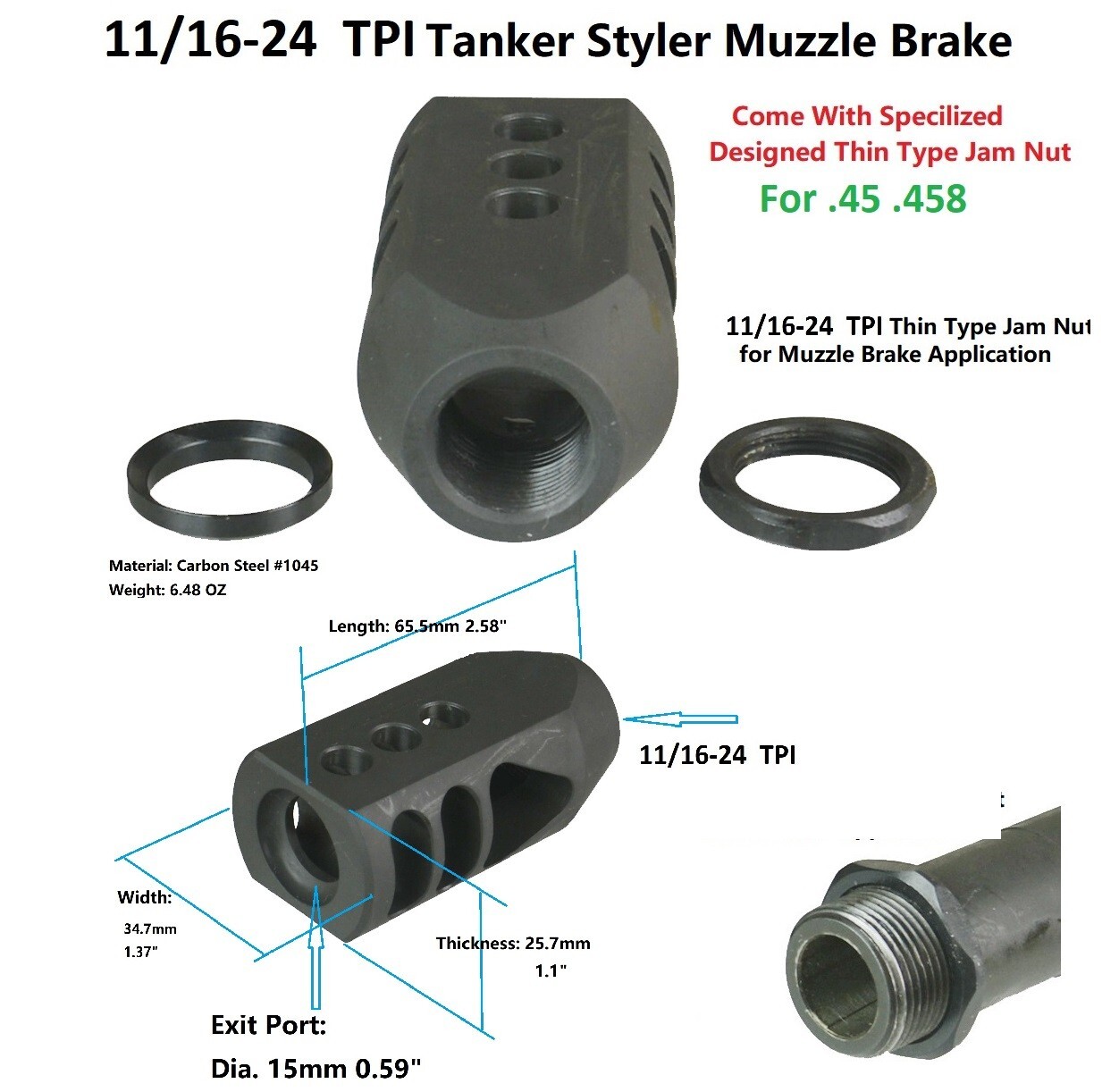 11/16''x24 TPI .458 .450 Bush Tanker Muzzle Brake With 11/16-24 Jam Nut & Washer