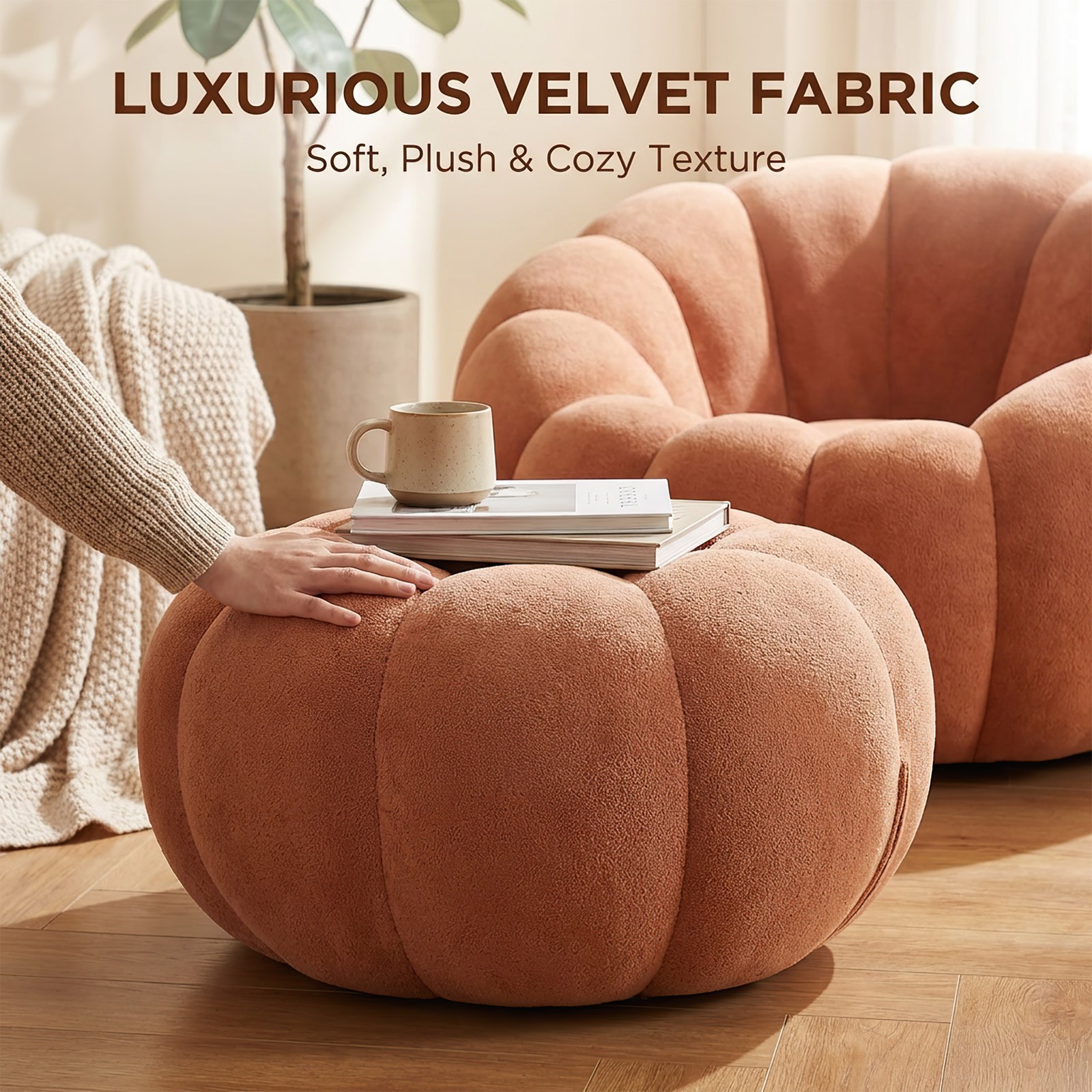 Pumpkin Shape Lounge Chair & Footstool - Brown