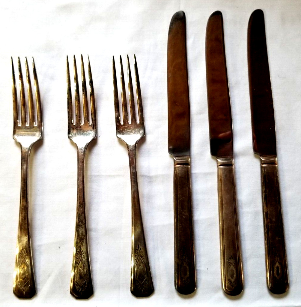 Set of 3 Dinner Fork Butter Knife Nuart Art Deco 1932 Rogers Keystone Flatware