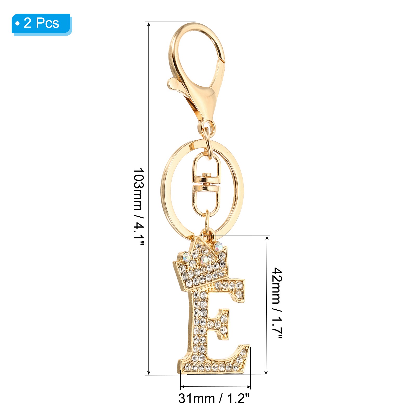 Initial Letter Keychain, 2 Pcs Letter E Crown Design Charm, Gold Tone