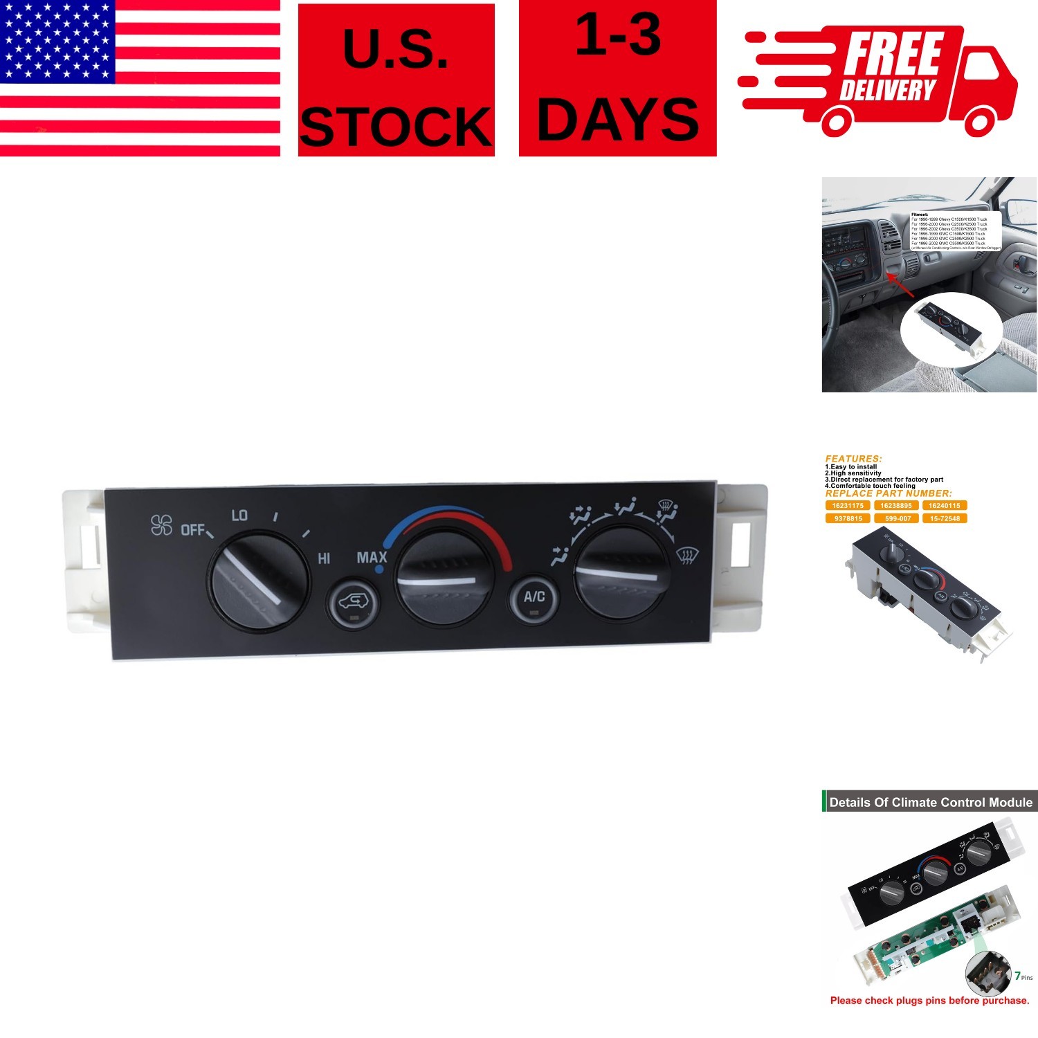 AC Heater Panel Climate Control Module Switch for Chevy GMC C1500 C2500 C3500...