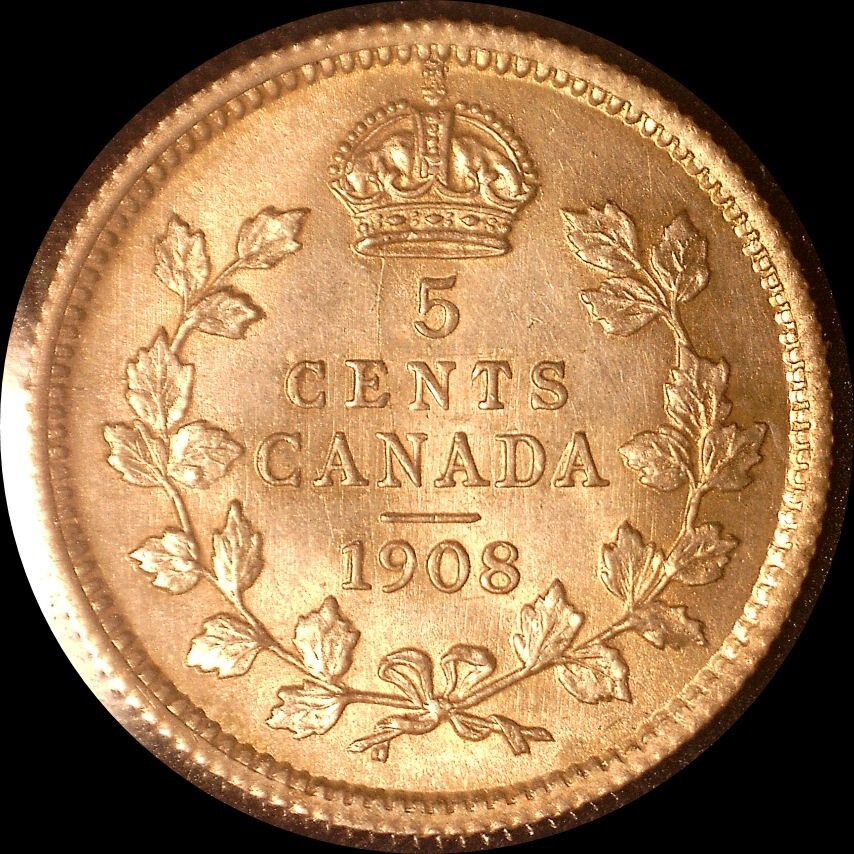 Canada 1908 large 8,  5 cents, old silver world coin BU  #0146 nice lite  tone