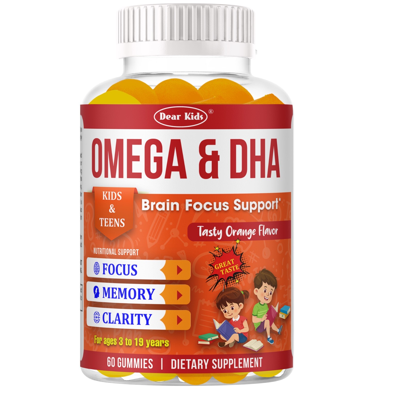 Kids Focus Gummies Omega 3 DHA Brain Support & Memory Vitamins for Kids & Teens