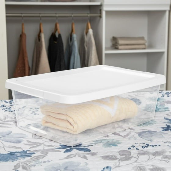 (4) 12 Quart Storage Boxes, Clear Plastic Storage Bin with Snap-On Lid, White