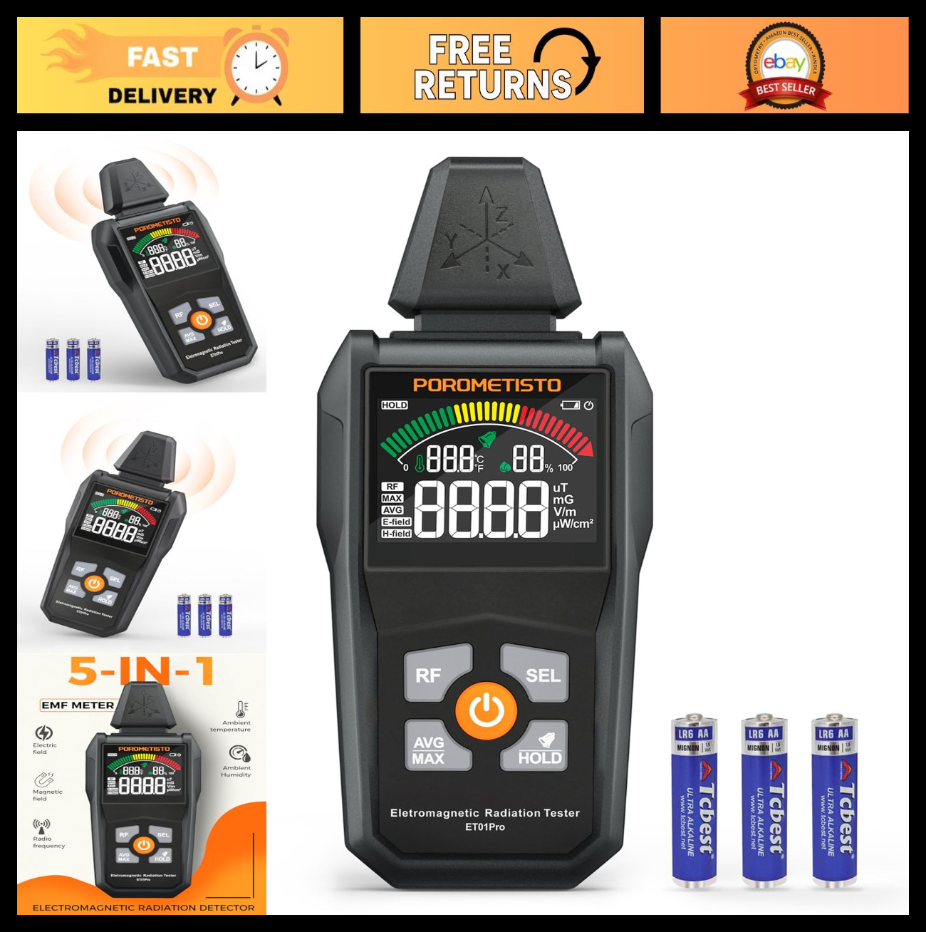 5-in-1 EMF Meter Radiation Detector for Home & Office, Electromagnetic Field & R