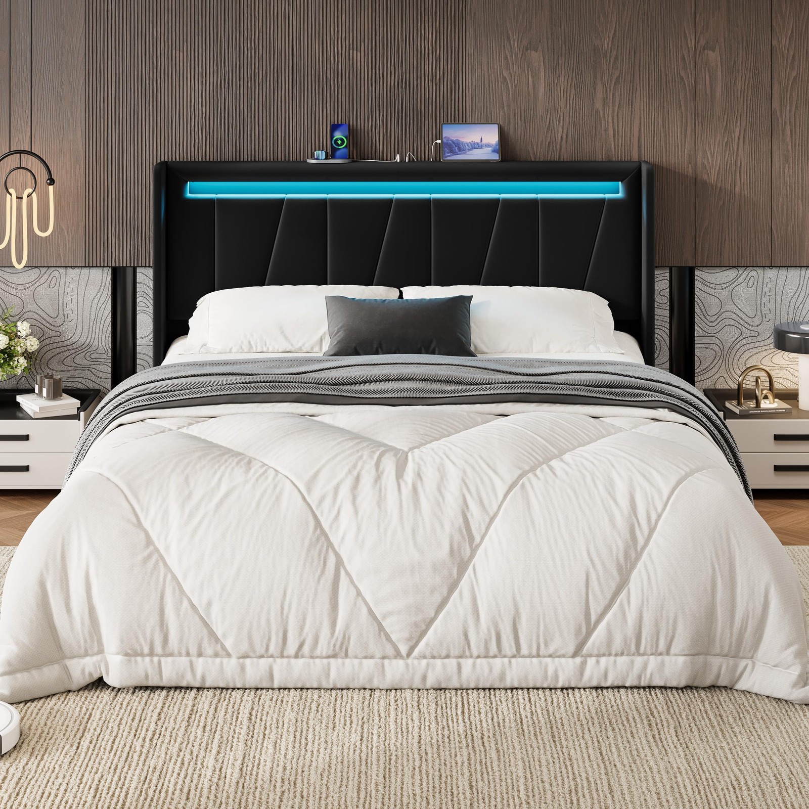 Full Size Bed Frame with Charging Station and LED Lights, Modern Velvet Platf...