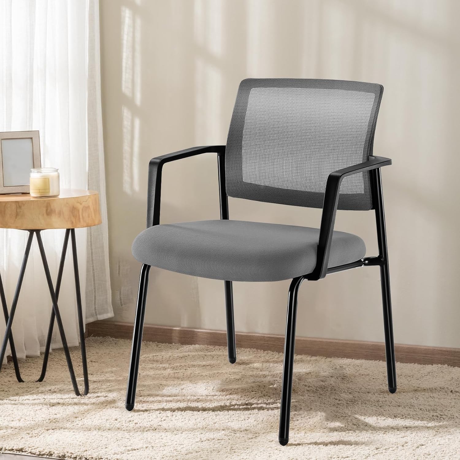 Black Stackable Arm Chairs W/ Mesh Back & Upholstered Fabric Sturdy Metal Frame