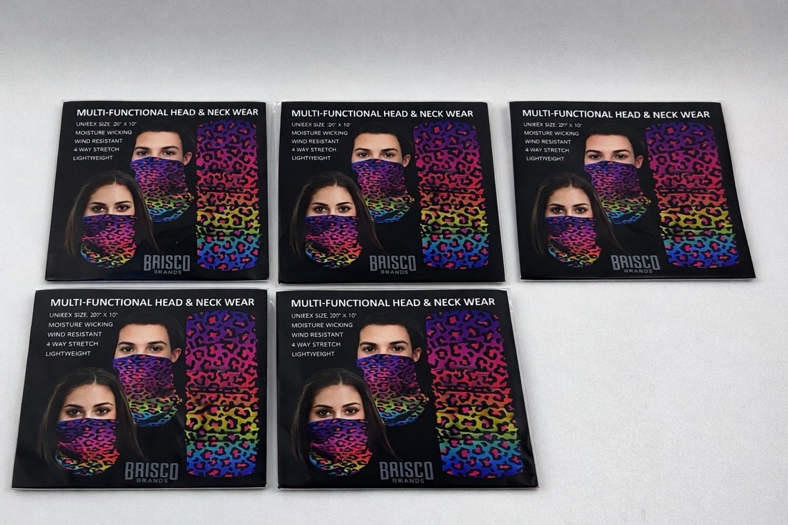 Lot of 5 Brisco Brands Rainbow Leopard Print Neck Gaiter Face Mask  20x10