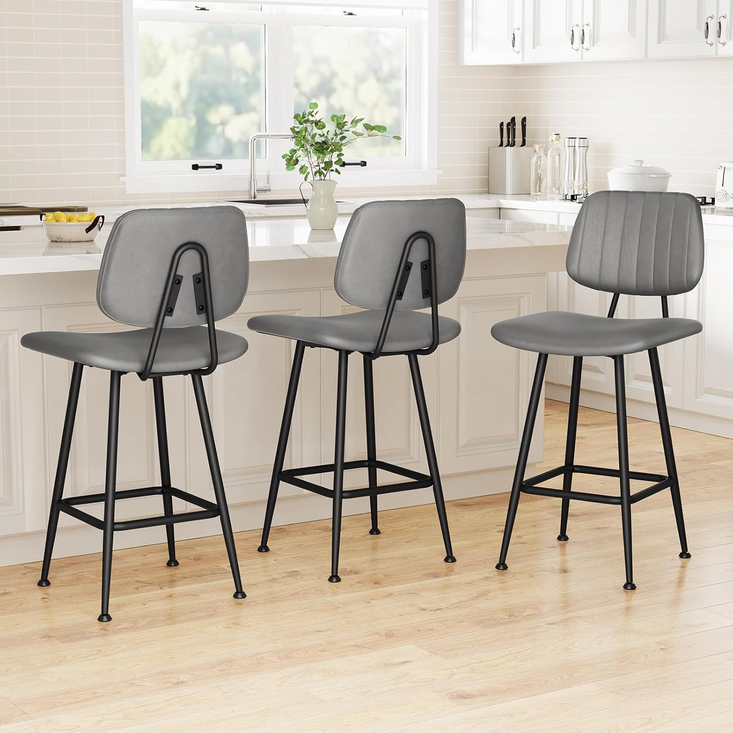 Set of 3 Gray 24-Inch Leather Bar Stools with High Backrest and Metal Base