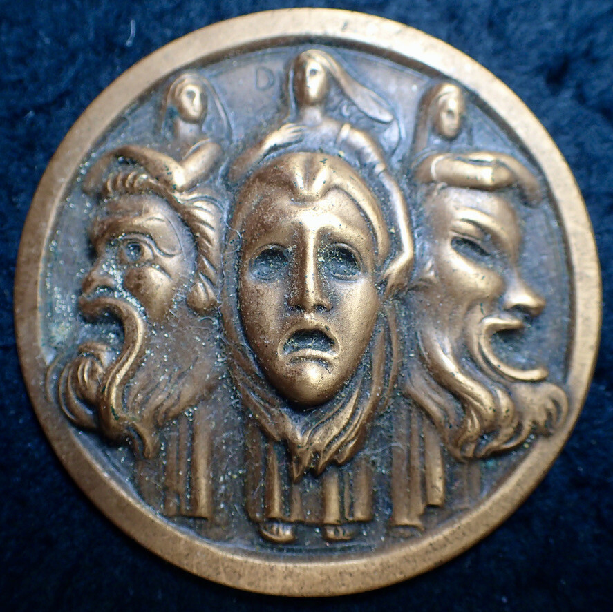 unusual copper color Gothic plaque emblem w/ 3 Faces & 3 Figures holding them 2"