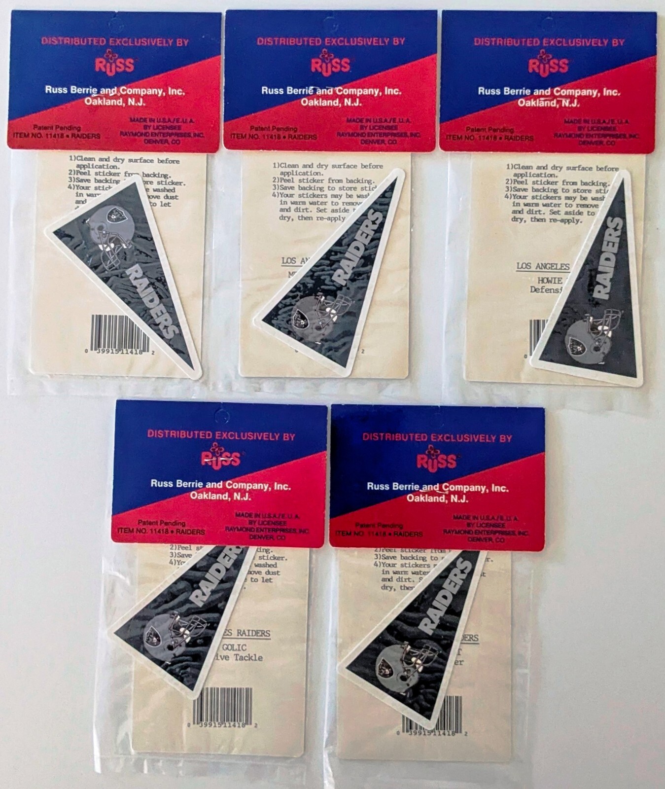 Set of (5) Vintage Grid-Star Los Angeles Raiders Statis Cling Stickers