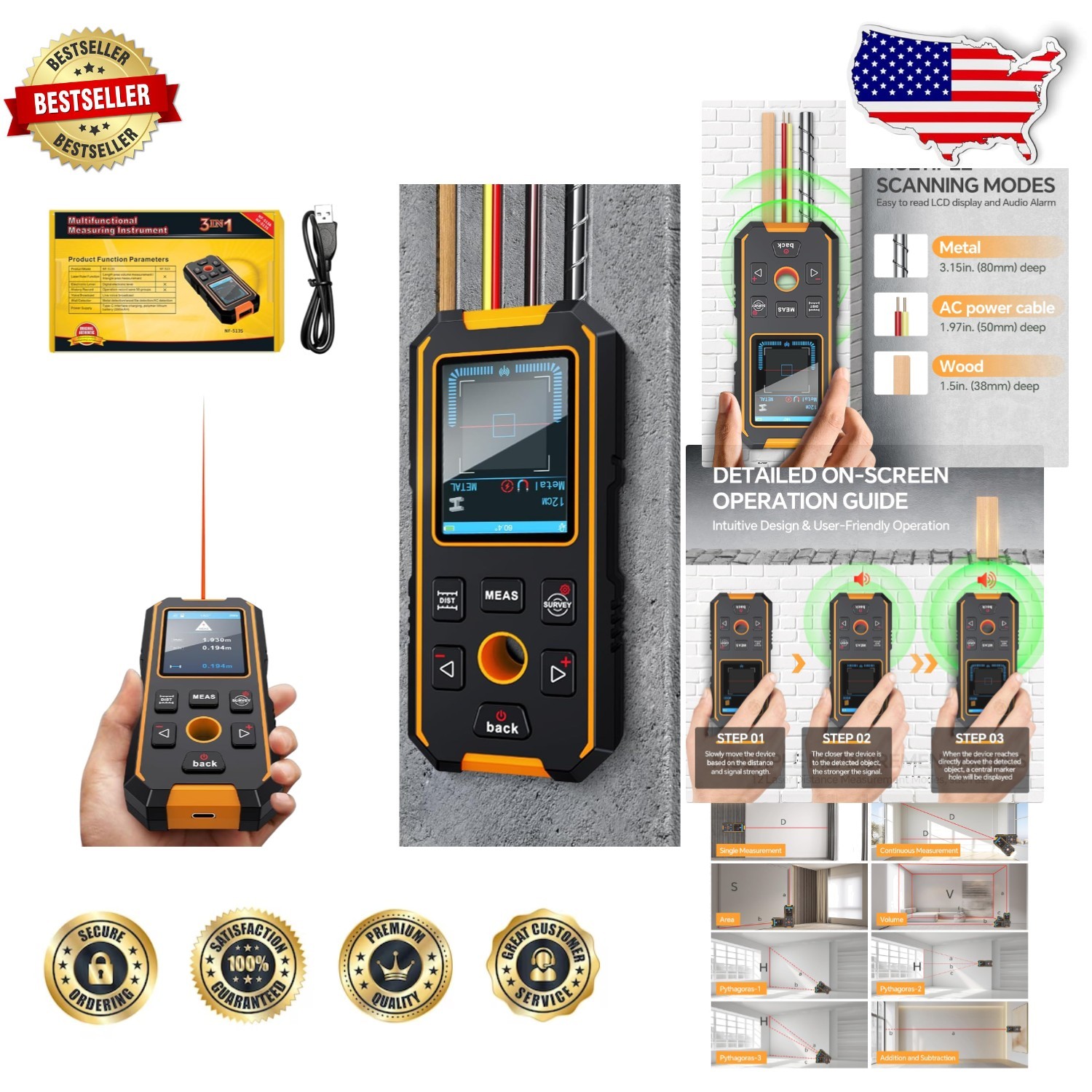 Rechargeable Stud Finder 5-in-1 Laser Measure Digital Level HD LCD Voice