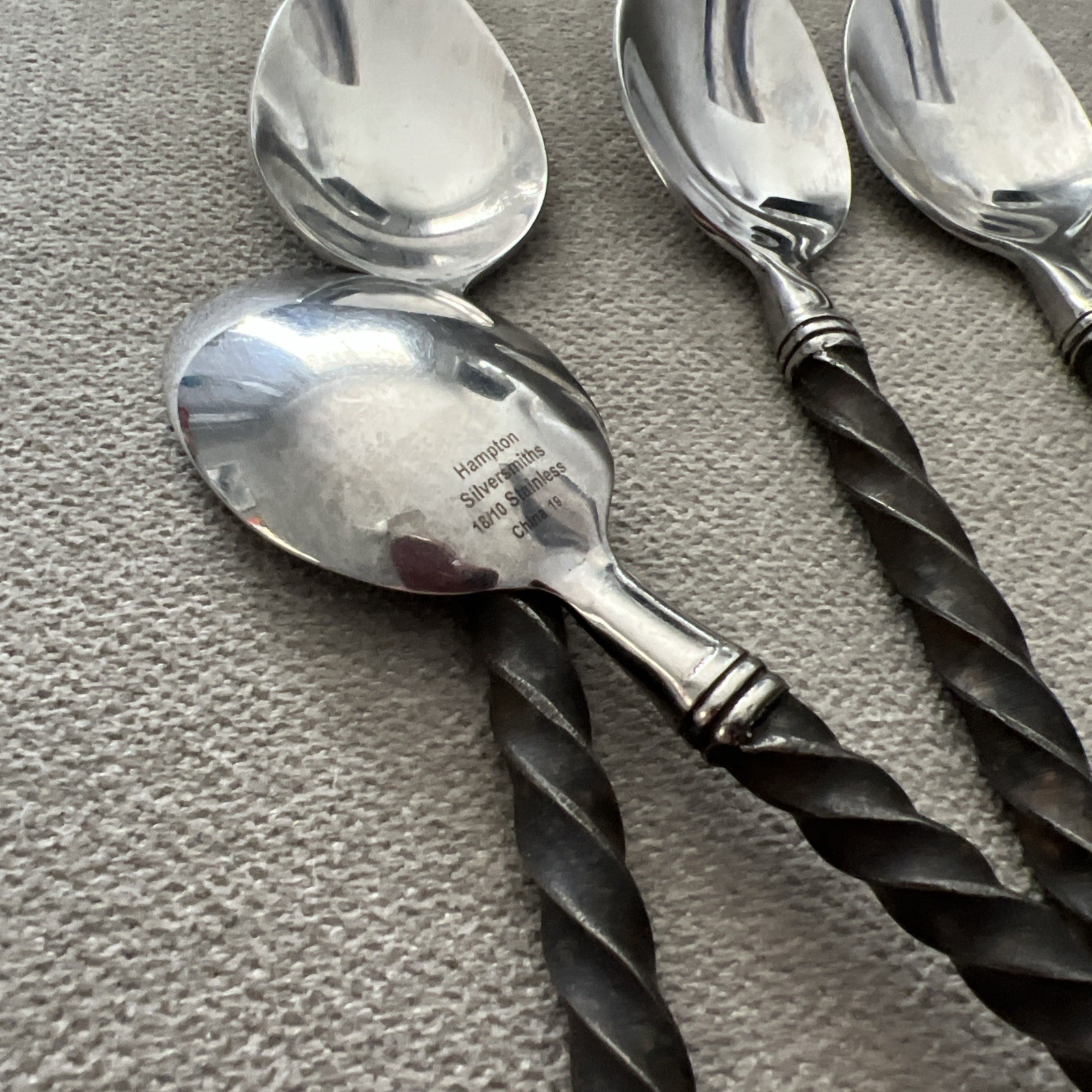 4 Hampton Silversmiths Brade Teaspoons Stainless Black Twisted Handle Flatware