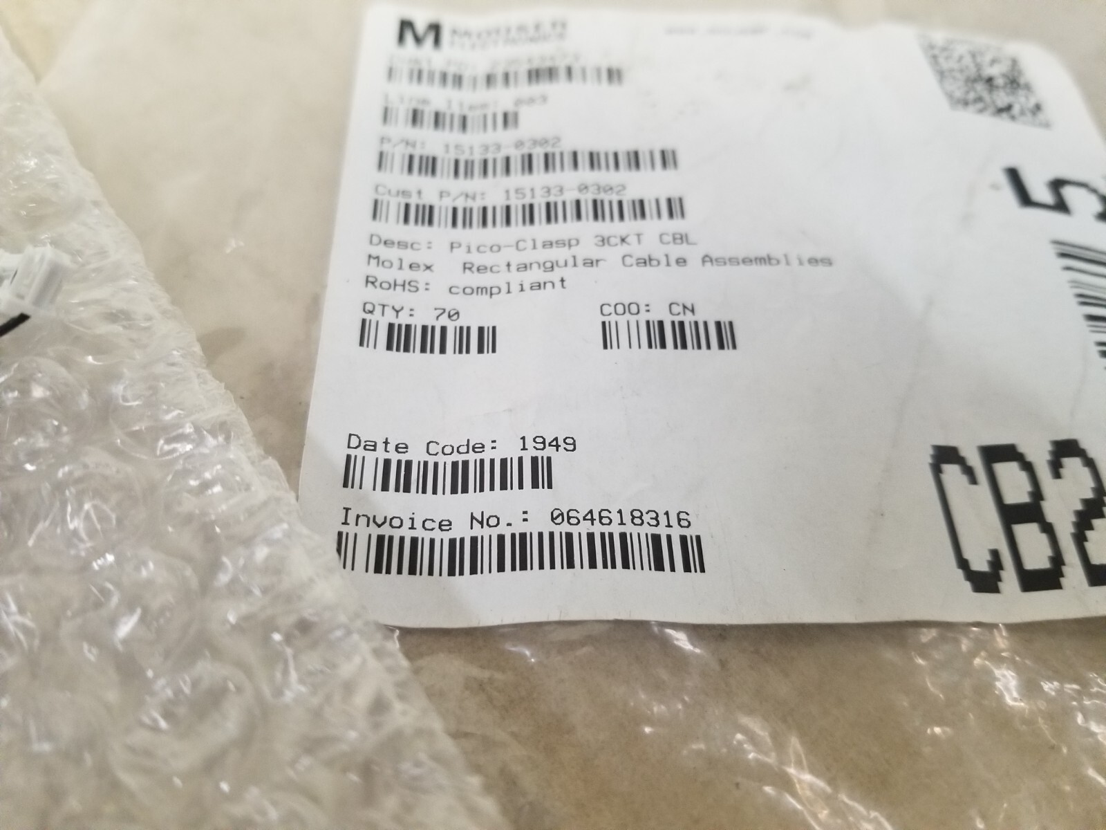 Rectangular Cable Assemblies Pico-Clasp 3CKT CBL ASSY SR 150MM WHITE 70/QTY