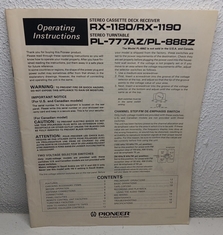 Stereo Cassette Deck Receiver  RX-1180 - RX-1190 Operating Instructions