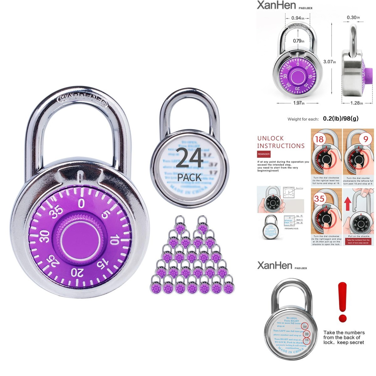 XanHen Combination Padlocks Metal Body Purple 24-Pack