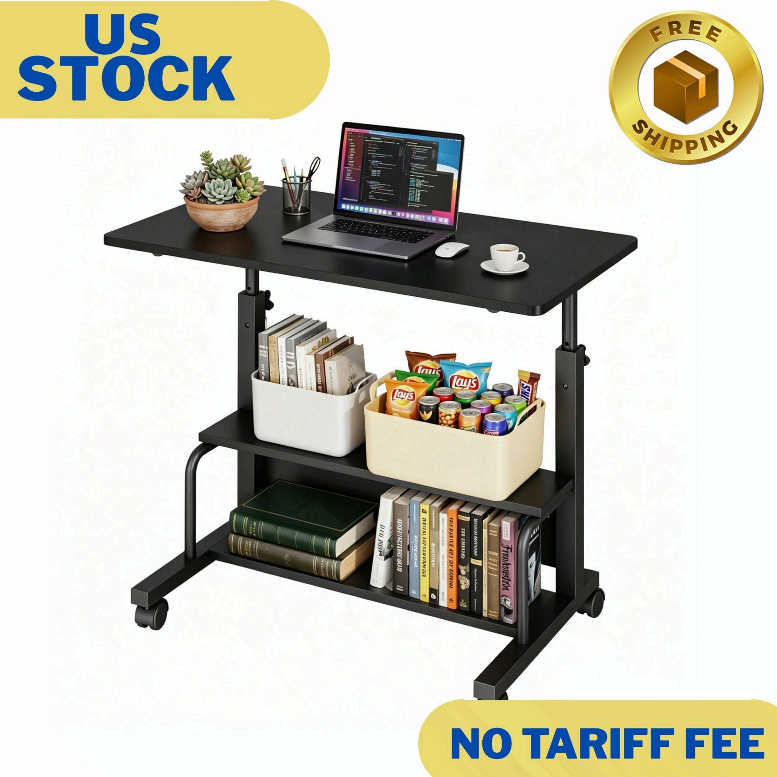 1.5'' Adjustable Height Rolling Computer Desk with Storage Shelves