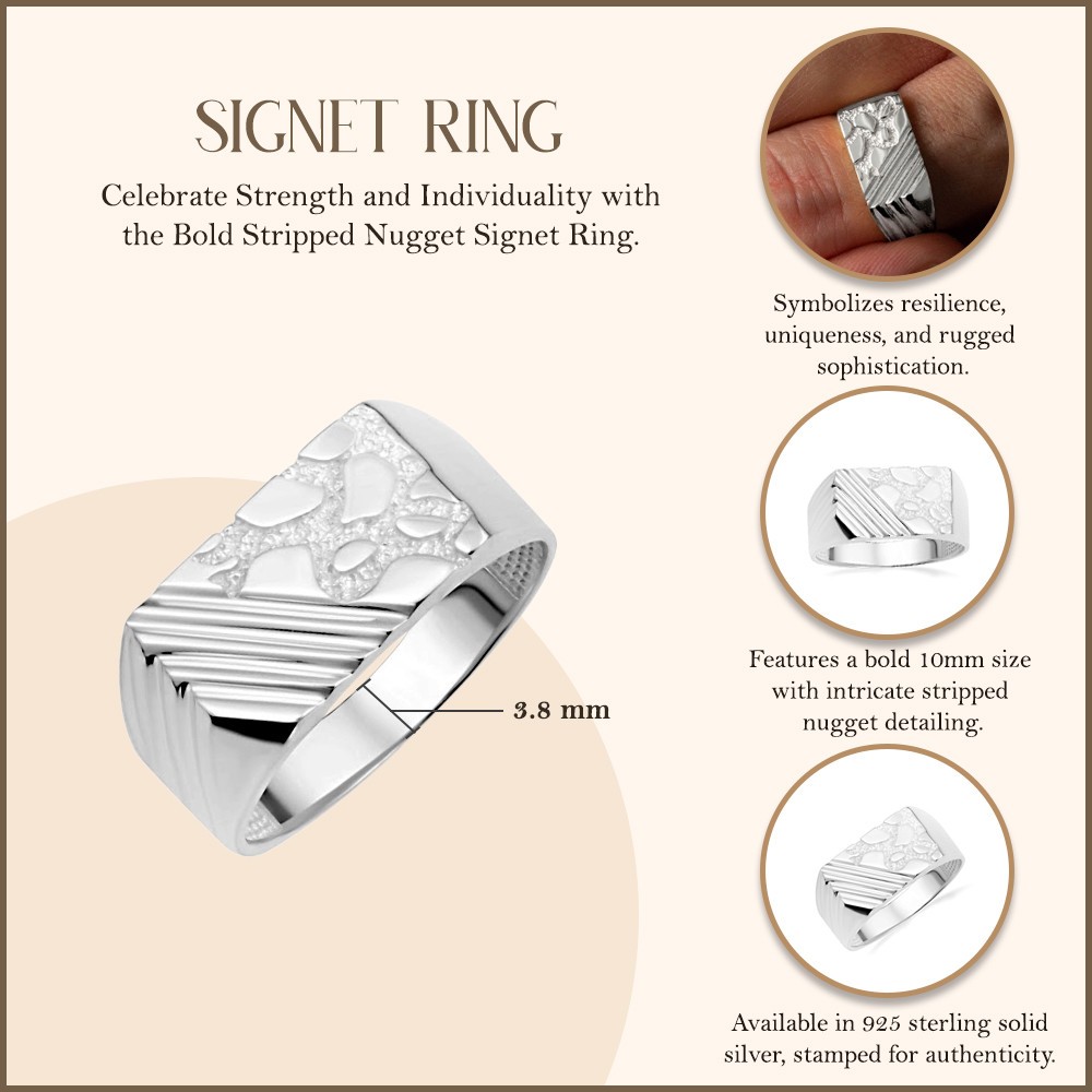 .925 Sterling Silver Striped Nugget Signet Ring