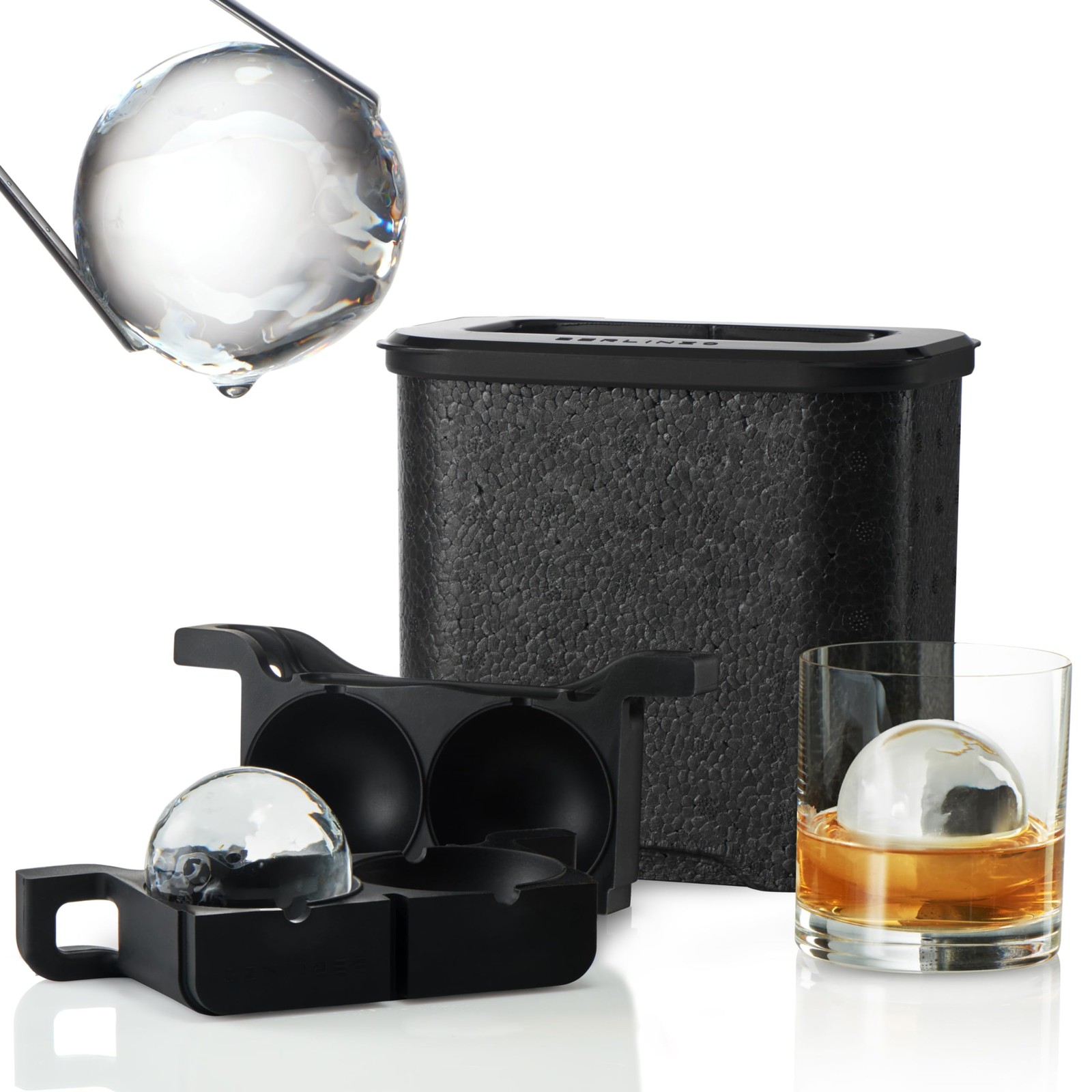 Berlinzo Clear Ice Ball Maker Mold - 2 Large 2.4-inch Crystal 2-Balls, Black